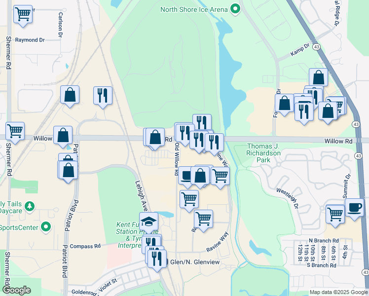 map of restaurants, bars, coffee shops, grocery stores, and more near 2351 Willow Road in Glenview
