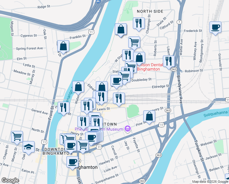 map of restaurants, bars, coffee shops, grocery stores, and more near 26 Eldredge Street in Binghamton