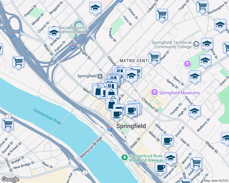 map of restaurants, bars, coffee shops, grocery stores, and more near 295 Worthington Street in Springfield