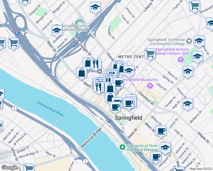 map of restaurants, bars, coffee shops, grocery stores, and more near 250 Worthington Street in Springfield