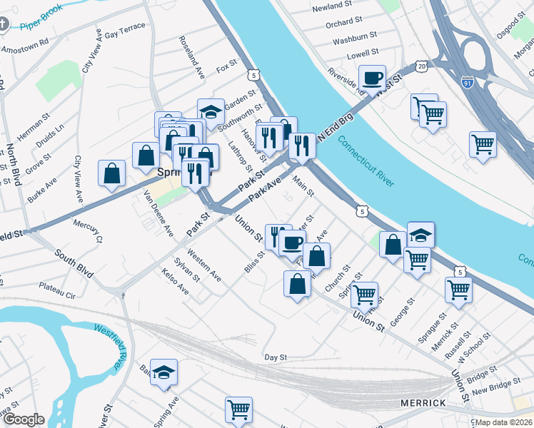 map of restaurants, bars, coffee shops, grocery stores, and more near 32 Park Avenue Court in West Springfield