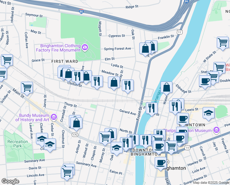 map of restaurants, bars, coffee shops, grocery stores, and more near 171 1/2 Murray Street in Binghamton