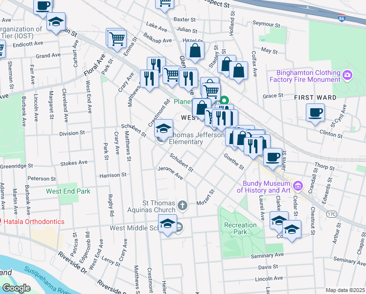 map of restaurants, bars, coffee shops, grocery stores, and more near 166 Helen Street in Binghamton