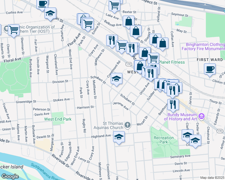 map of restaurants, bars, coffee shops, grocery stores, and more near 109 Schubert Street in Binghamton