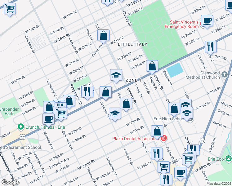 map of restaurants, bars, coffee shops, grocery stores, and more near 914 Highway 20 in Erie