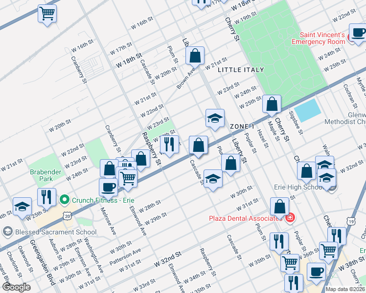 map of restaurants, bars, coffee shops, grocery stores, and more near 1015-1021 West 25th Street in Erie