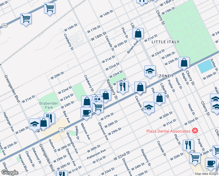 map of restaurants, bars, coffee shops, grocery stores, and more near 1118 West 24th Street in Erie
