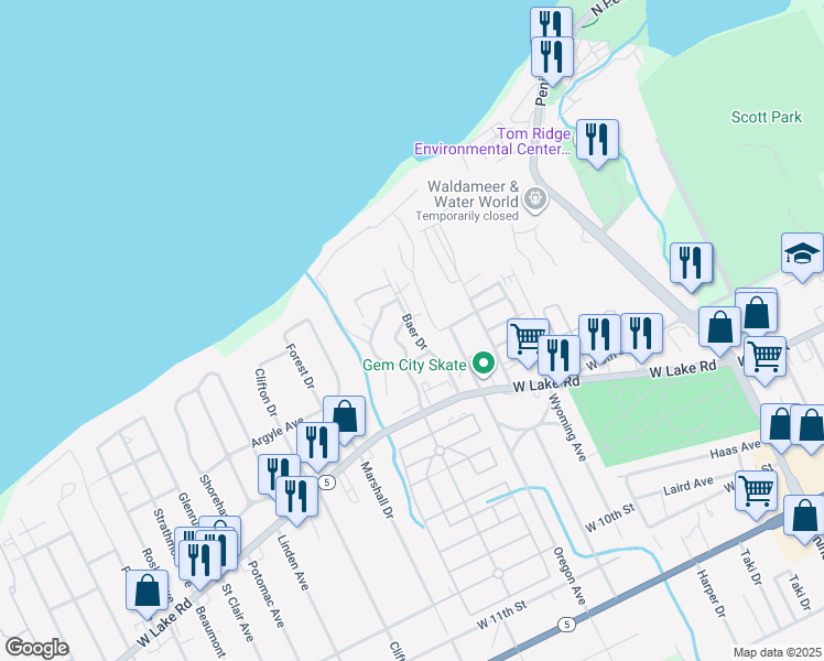 map of restaurants, bars, coffee shops, grocery stores, and more near 360 Fieldstone Way in Erie