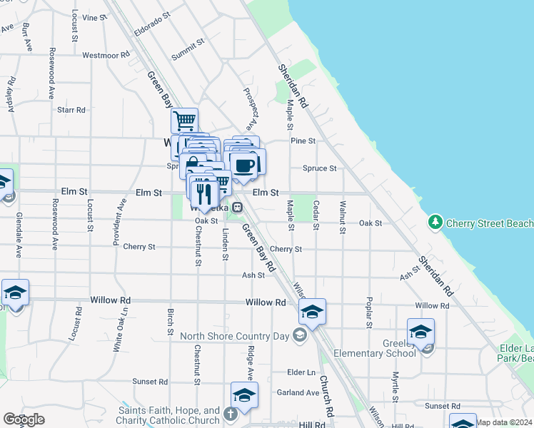 map of restaurants, bars, coffee shops, grocery stores, and more near 705 Oak Street in Winnetka