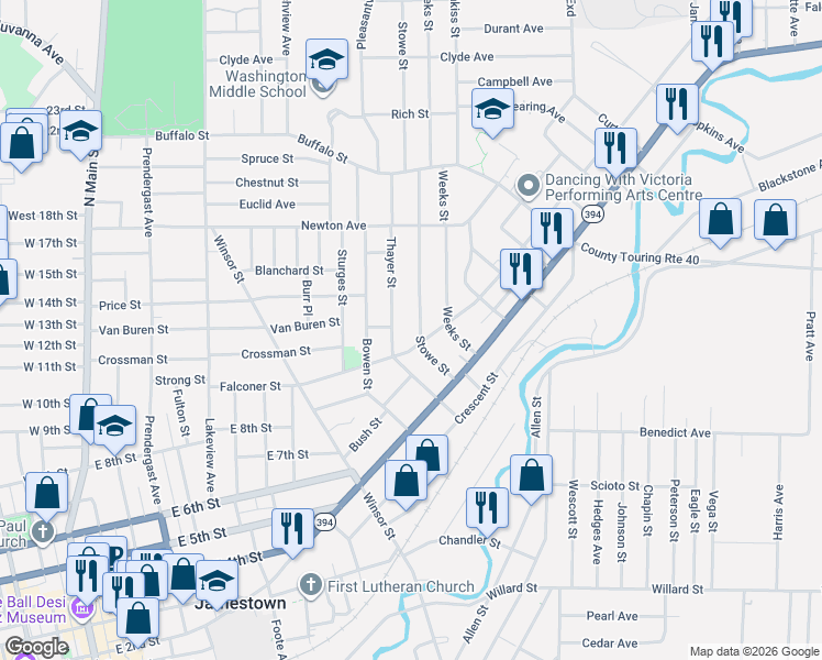 map of restaurants, bars, coffee shops, grocery stores, and more near 113 Stowe Street in Jamestown