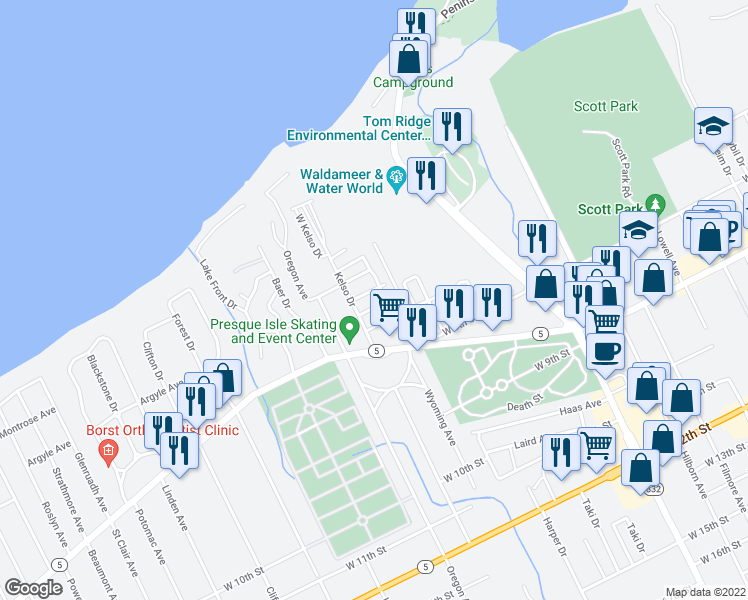 map of restaurants, bars, coffee shops, grocery stores, and more near 32 Largo Drive in Erie