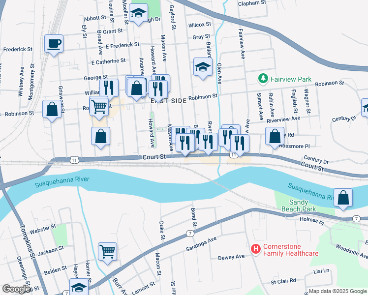 map of restaurants, bars, coffee shops, grocery stores, and more near 5 Gaylord Street in Binghamton