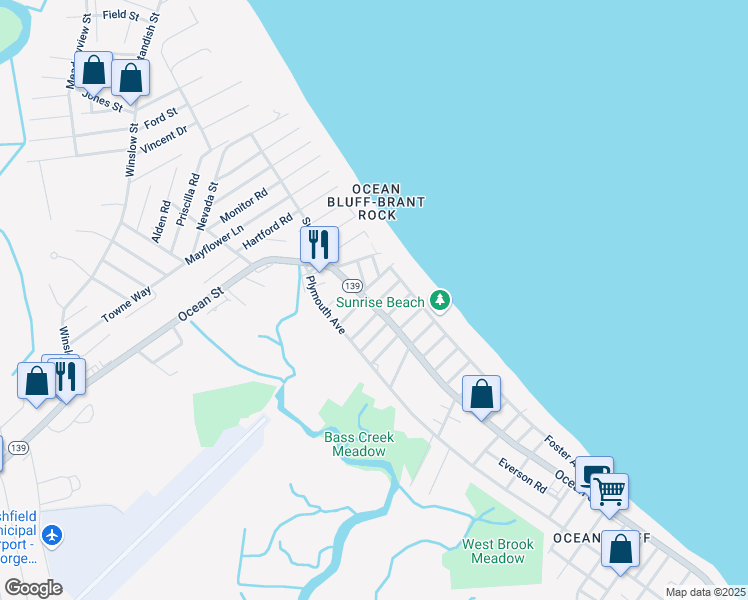 map of restaurants, bars, coffee shops, grocery stores, and more near 840 Ocean Street in Marshfield