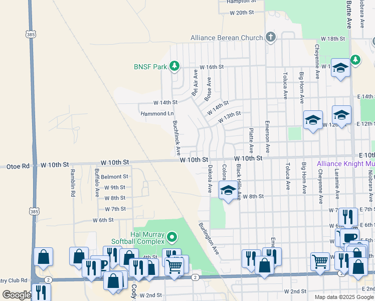 map of restaurants, bars, coffee shops, grocery stores, and more near 1100-1136 West 10th Street in Alliance