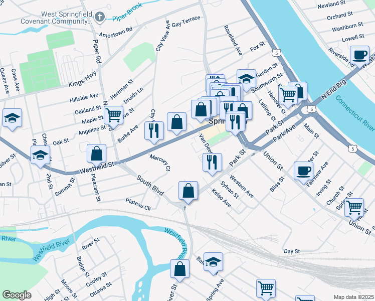 map of restaurants, bars, coffee shops, grocery stores, and more near 249 Westfield Street in West Springfield