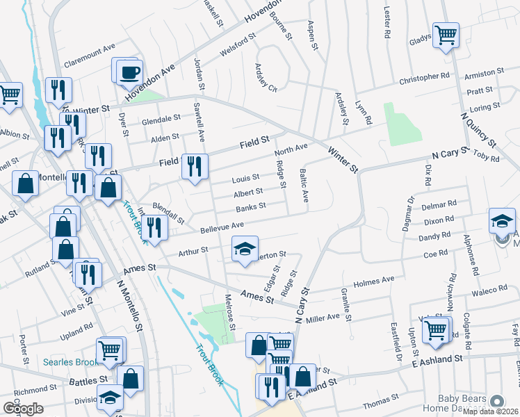 map of restaurants, bars, coffee shops, grocery stores, and more near 73 Banks Street in Brockton