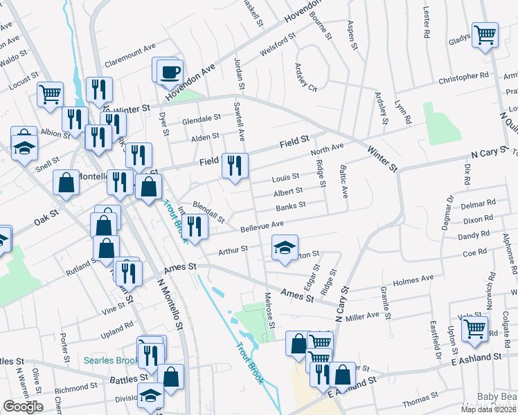 map of restaurants, bars, coffee shops, grocery stores, and more near 6 Banks Street in Brockton
