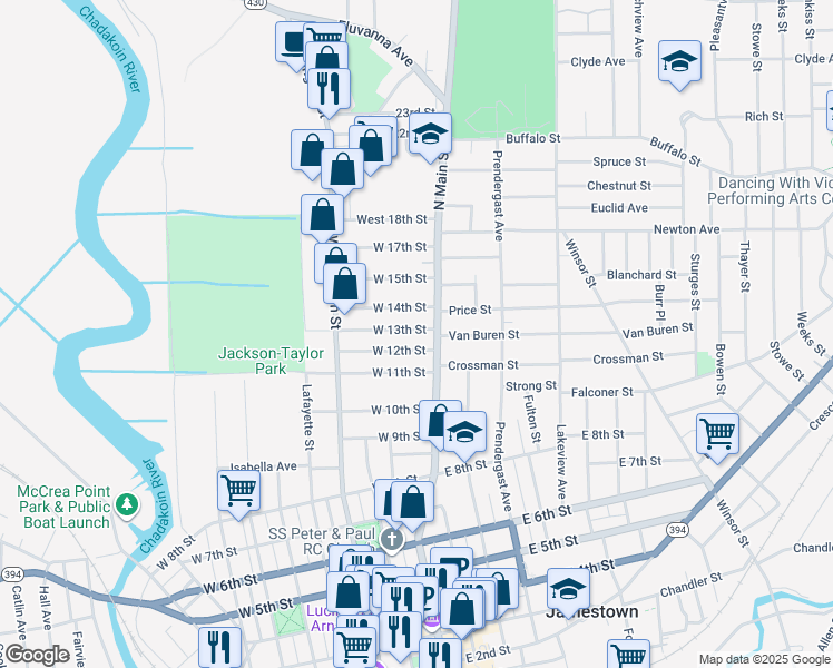 map of restaurants, bars, coffee shops, grocery stores, and more near 7 West 13th Street in Jamestown