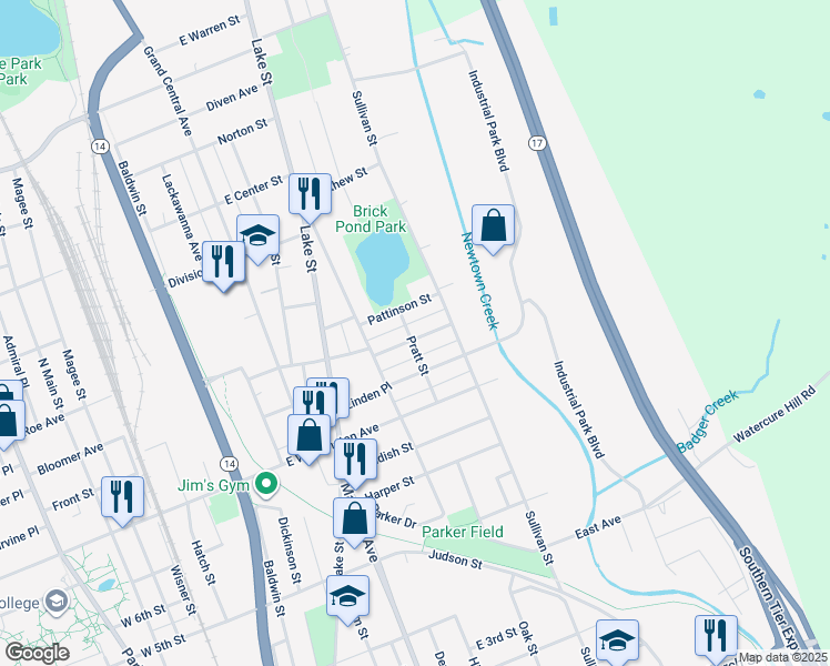 map of restaurants, bars, coffee shops, grocery stores, and more near 1000 Pratt Street in Elmira