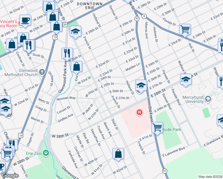 map of restaurants, bars, coffee shops, grocery stores, and more near 110 East 36th Street in Erie