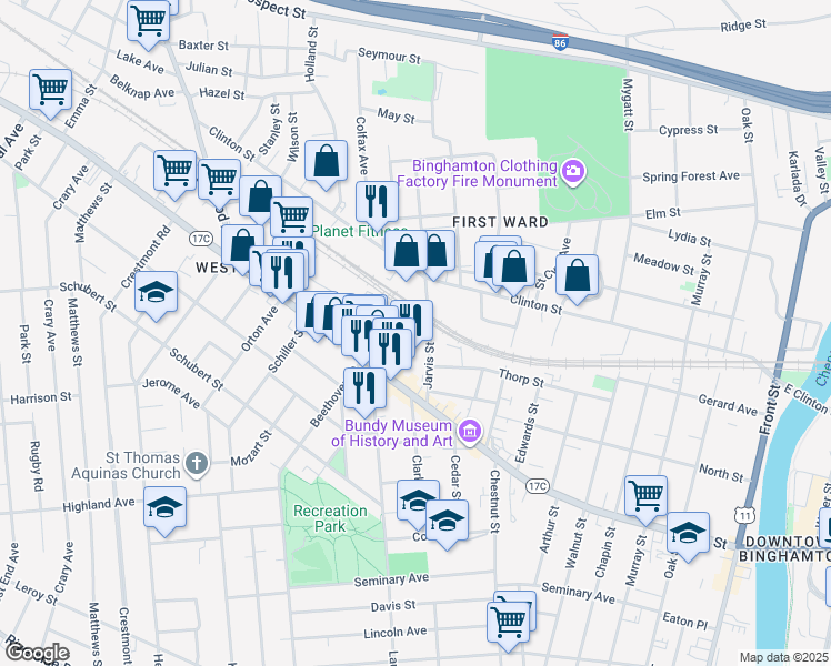 map of restaurants, bars, coffee shops, grocery stores, and more near 10 Charlotte St in Binghamton
