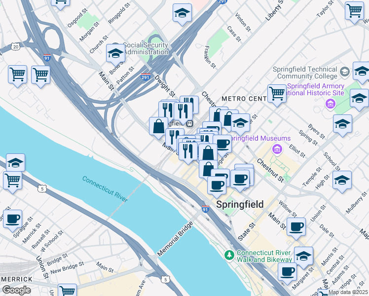 map of restaurants, bars, coffee shops, grocery stores, and more near 15 Lyman Street in Springfield