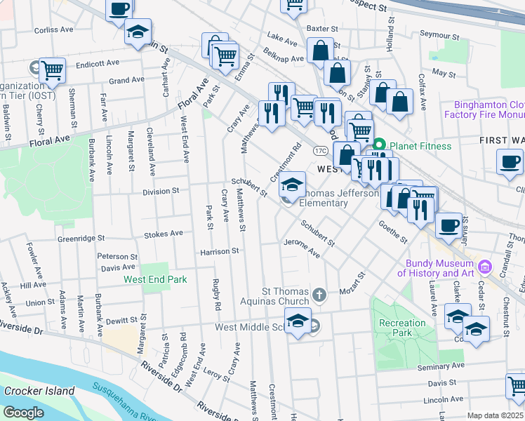 map of restaurants, bars, coffee shops, grocery stores, and more near 112 Crestmont Road in Binghamton