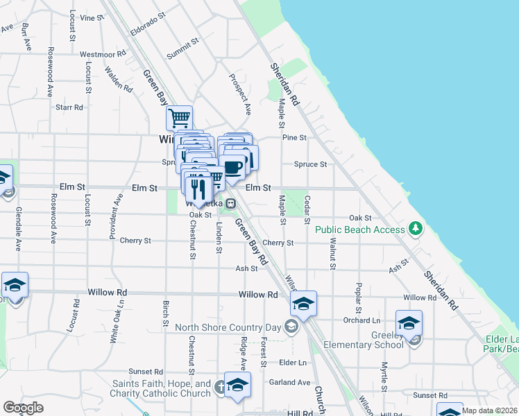 map of restaurants, bars, coffee shops, grocery stores, and more near 705 Oak Street in Winnetka