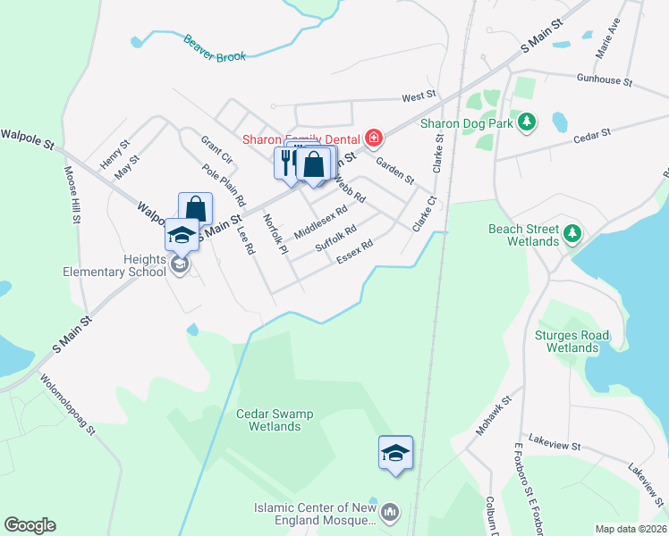 map of restaurants, bars, coffee shops, grocery stores, and more near 23 Essex Road in Sharon