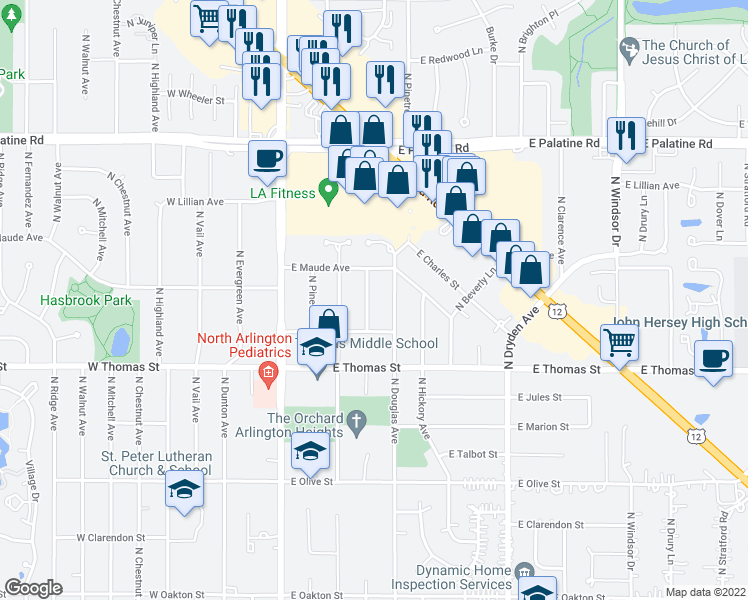 map of restaurants, bars, coffee shops, grocery stores, and more near 1535 North Haddow Avenue in Arlington Heights