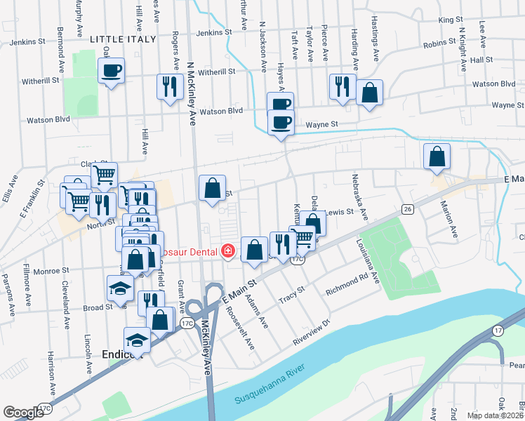 map of restaurants, bars, coffee shops, grocery stores, and more near 13 Arthur Avenue in Endicott