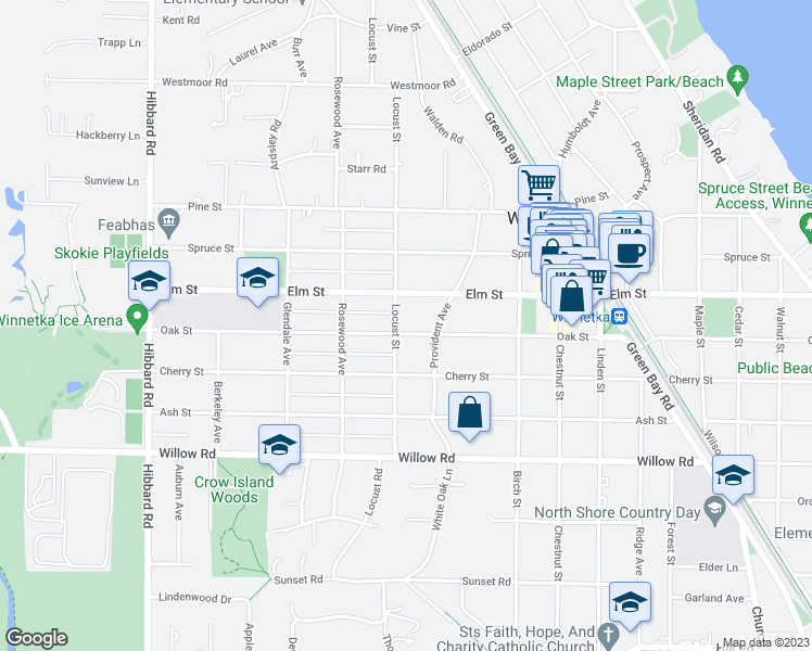 map of restaurants, bars, coffee shops, grocery stores, and more near 989 Oak Street in Winnetka
