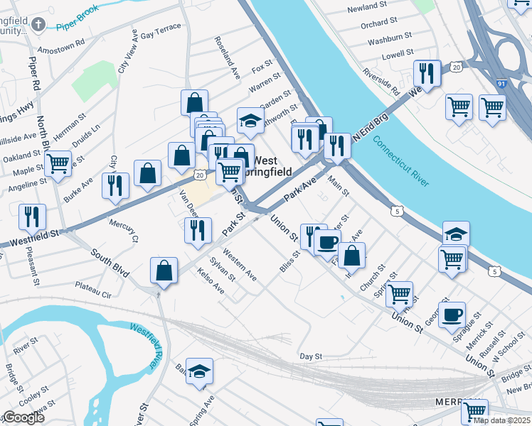 map of restaurants, bars, coffee shops, grocery stores, and more near Elm Street in Springfield