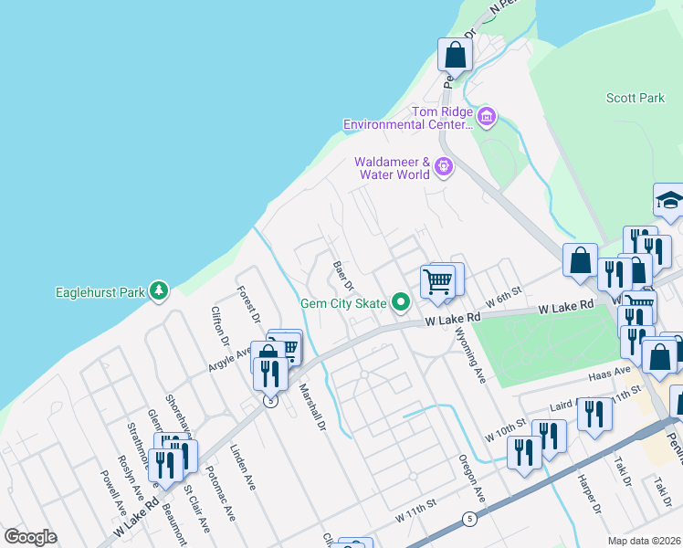 map of restaurants, bars, coffee shops, grocery stores, and more near 360 Fieldstone Way in Erie