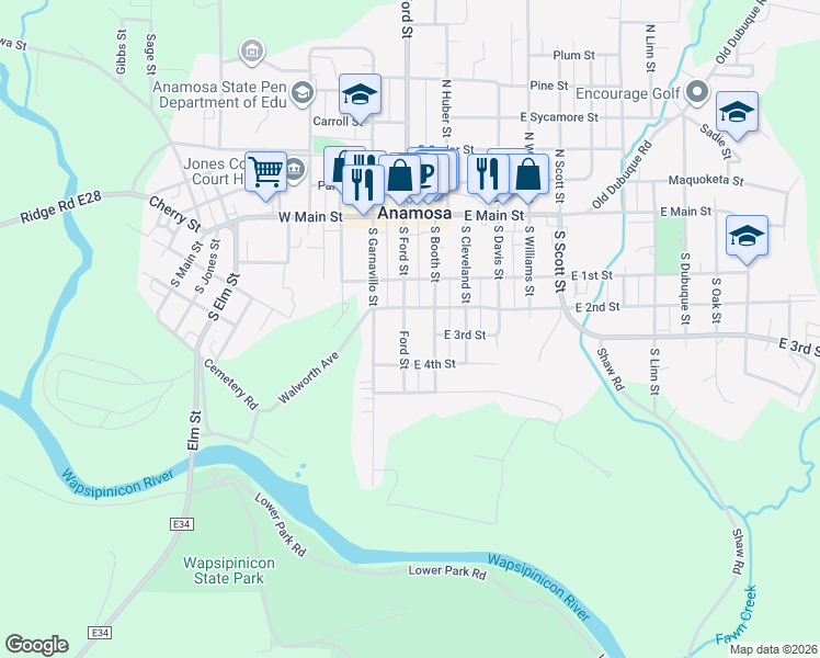 map of restaurants, bars, coffee shops, grocery stores, and more near 307 South Ford Street in Anamosa