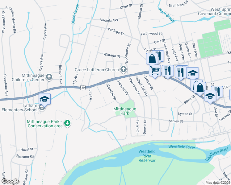 map of restaurants, bars, coffee shops, grocery stores, and more near 51 Churchill Rd in West Springfield