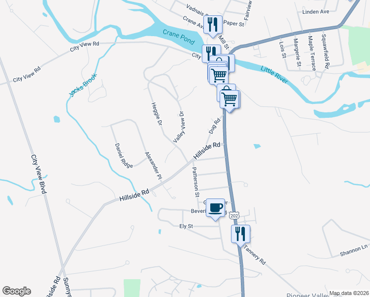 map of restaurants, bars, coffee shops, grocery stores, and more near 23 Valley View Drive in Westfield