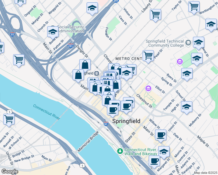map of restaurants, bars, coffee shops, grocery stores, and more near 250 Worthington Street in Springfield