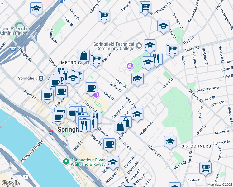 map of restaurants, bars, coffee shops, grocery stores, and more near 300 State Street in Springfield