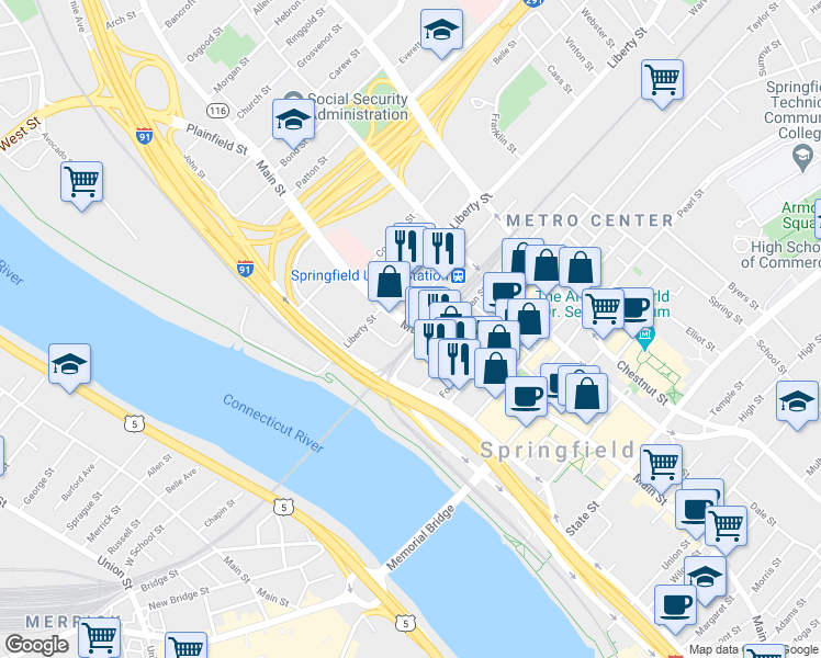 map of restaurants, bars, coffee shops, grocery stores, and more near 1740 Main Street in Springfield