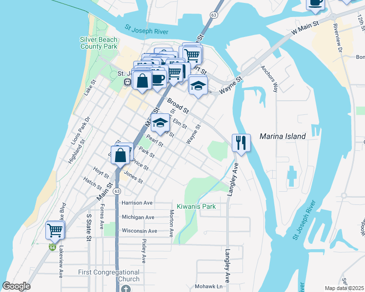 map of restaurants, bars, coffee shops, grocery stores, and more near 602 Wayne Street in St. Joseph