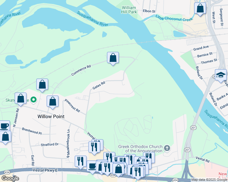 map of restaurants, bars, coffee shops, grocery stores, and more near 3817 Pembrooke Lane in Vestal