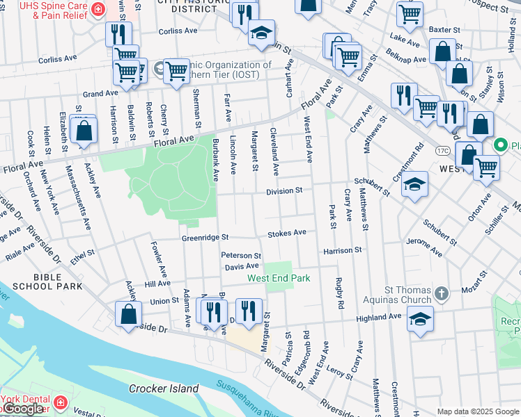 map of restaurants, bars, coffee shops, grocery stores, and more near 55 Margaret Street in Binghamton