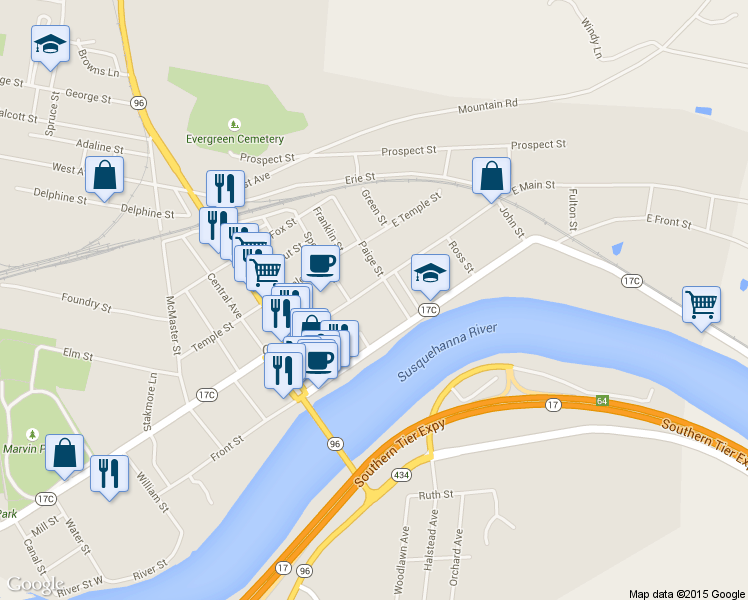 map of restaurants, bars, coffee shops, grocery stores, and more near 272 Main St in Owego