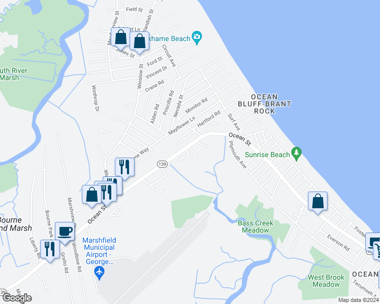 map of restaurants, bars, coffee shops, grocery stores, and more near 10 Leon Street in Marshfield