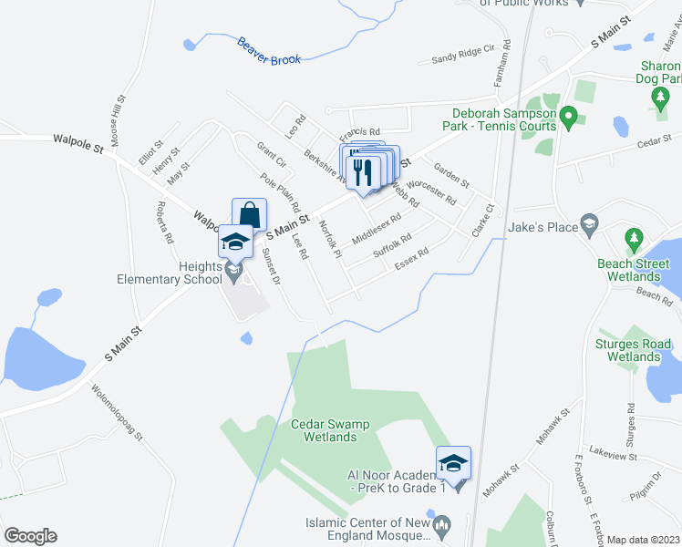 map of restaurants, bars, coffee shops, grocery stores, and more near 25 Norfolk Place in Sharon