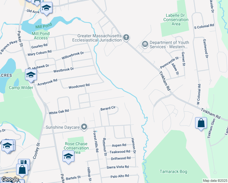 map of restaurants, bars, coffee shops, grocery stores, and more near 5 Druid Hill Road in Springfield