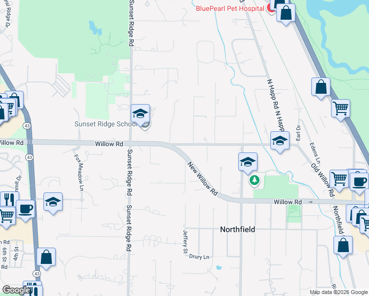map of restaurants, bars, coffee shops, grocery stores, and more near 2210 Old Willow Road in Northfield