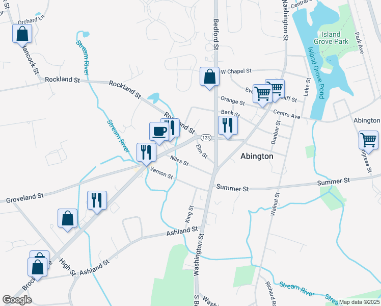 map of restaurants, bars, coffee shops, grocery stores, and more near 75 Niles Street in Abington