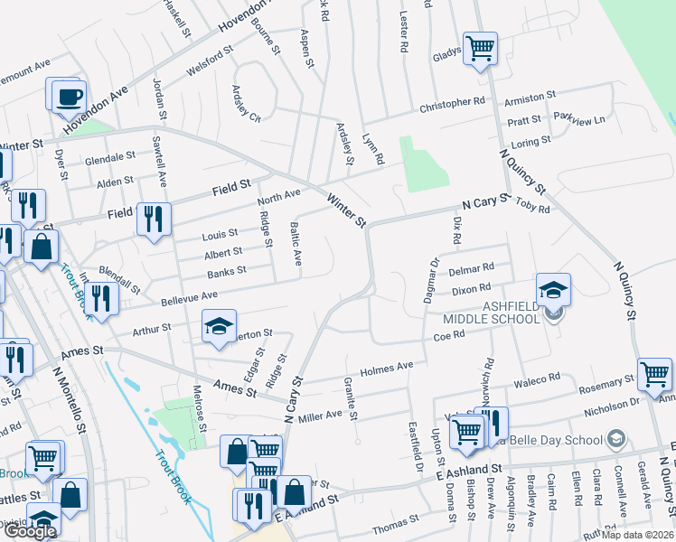 map of restaurants, bars, coffee shops, grocery stores, and more near 239 Bellevue Avenue in Brockton
